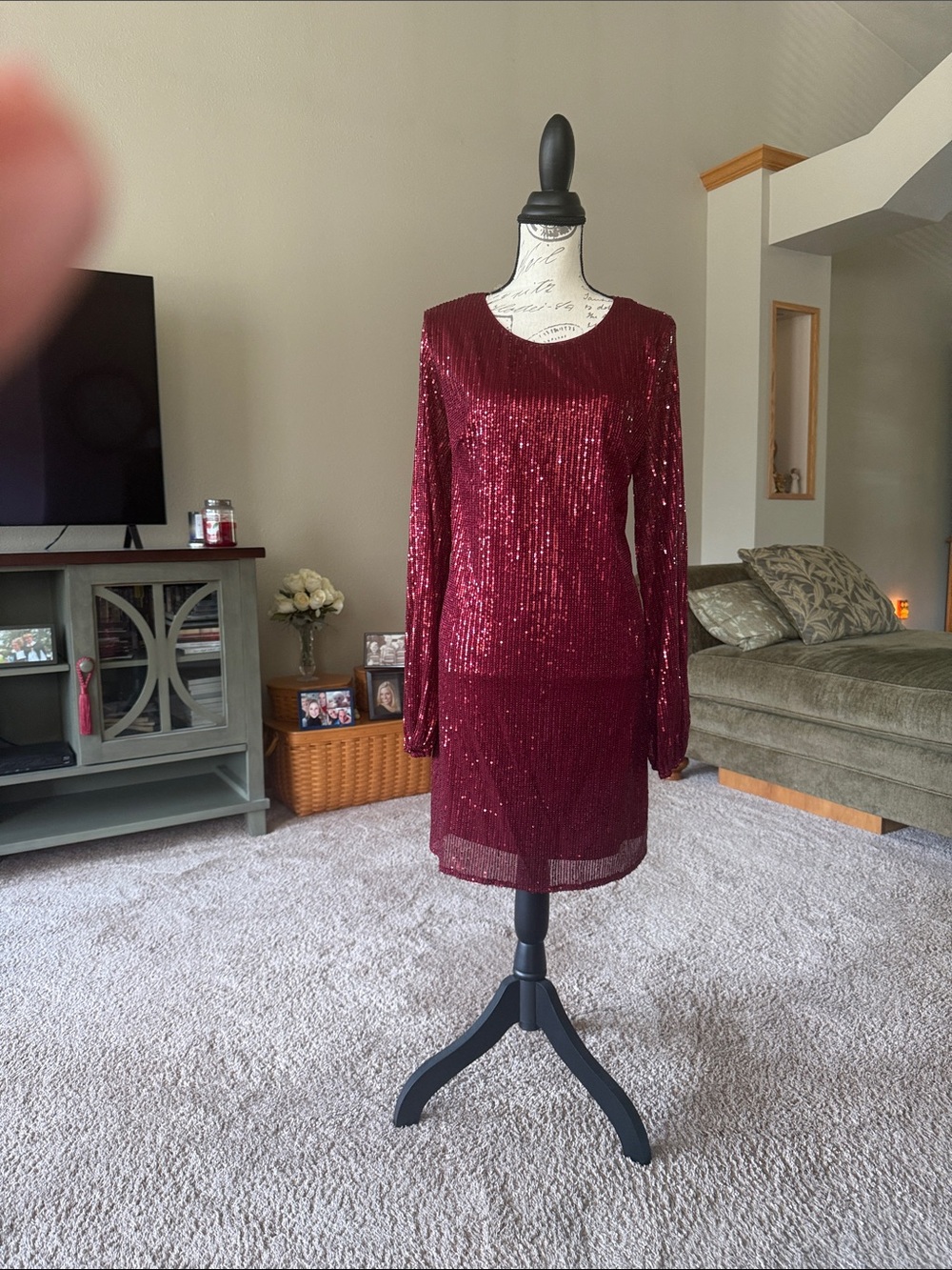 Women's dark red Sequin Long-Sleeve Shift Dress